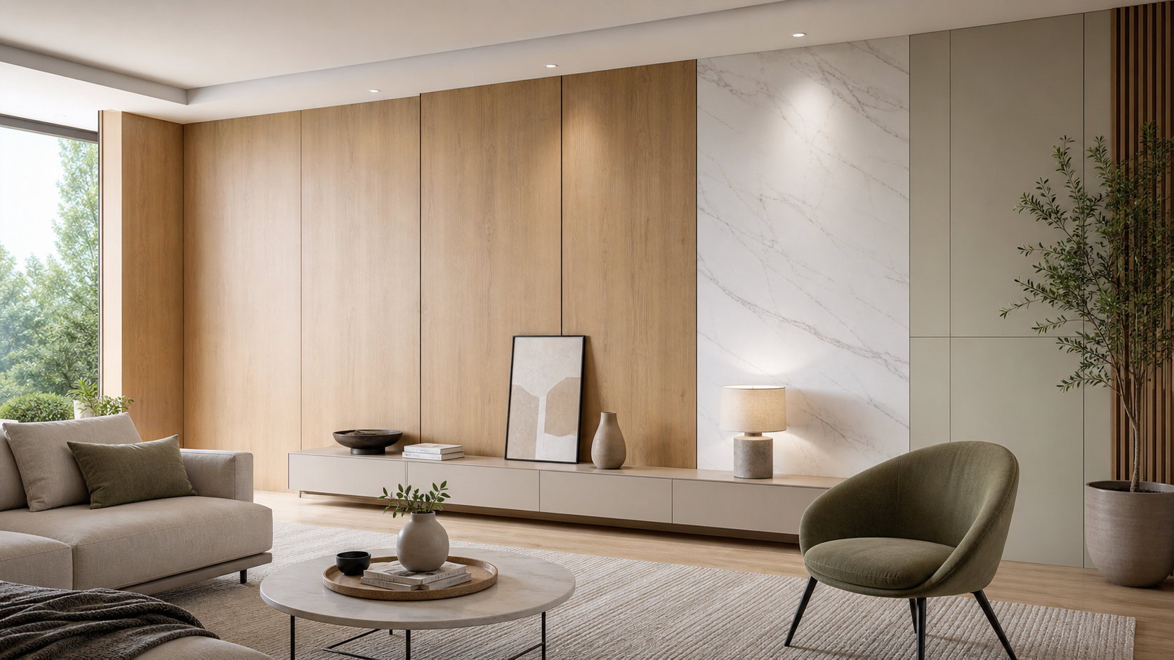 Modern living room featuring wood-look, marble-look and pure-colour interior wall panels