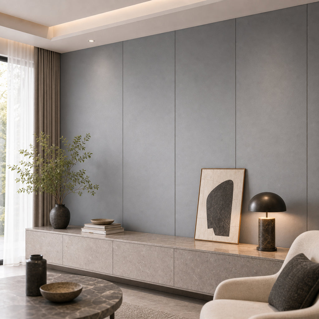 Pigeon Grey leather-look wall panel installed in a modern interior