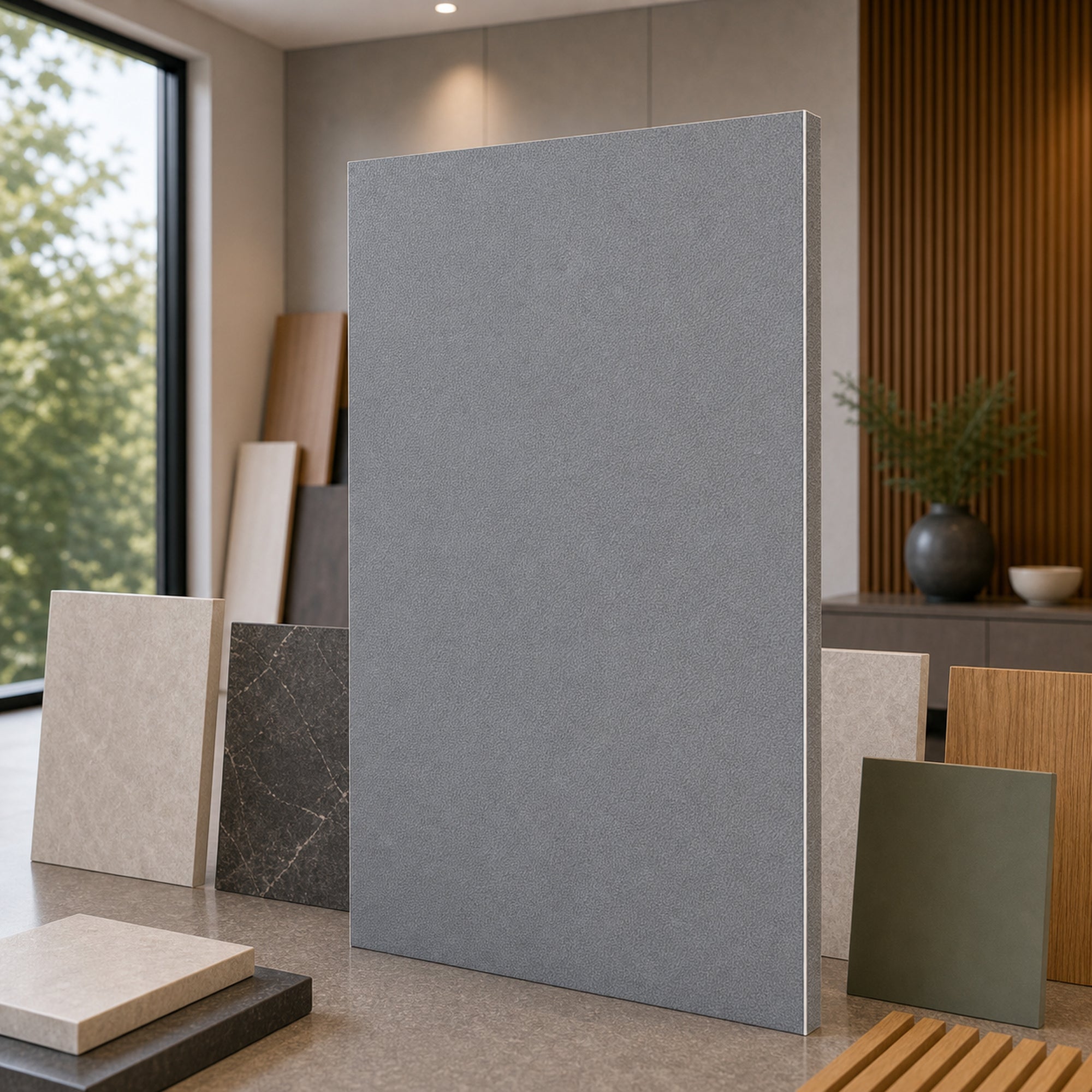 Pigeon Grey leather-look wall panel showroom sample board