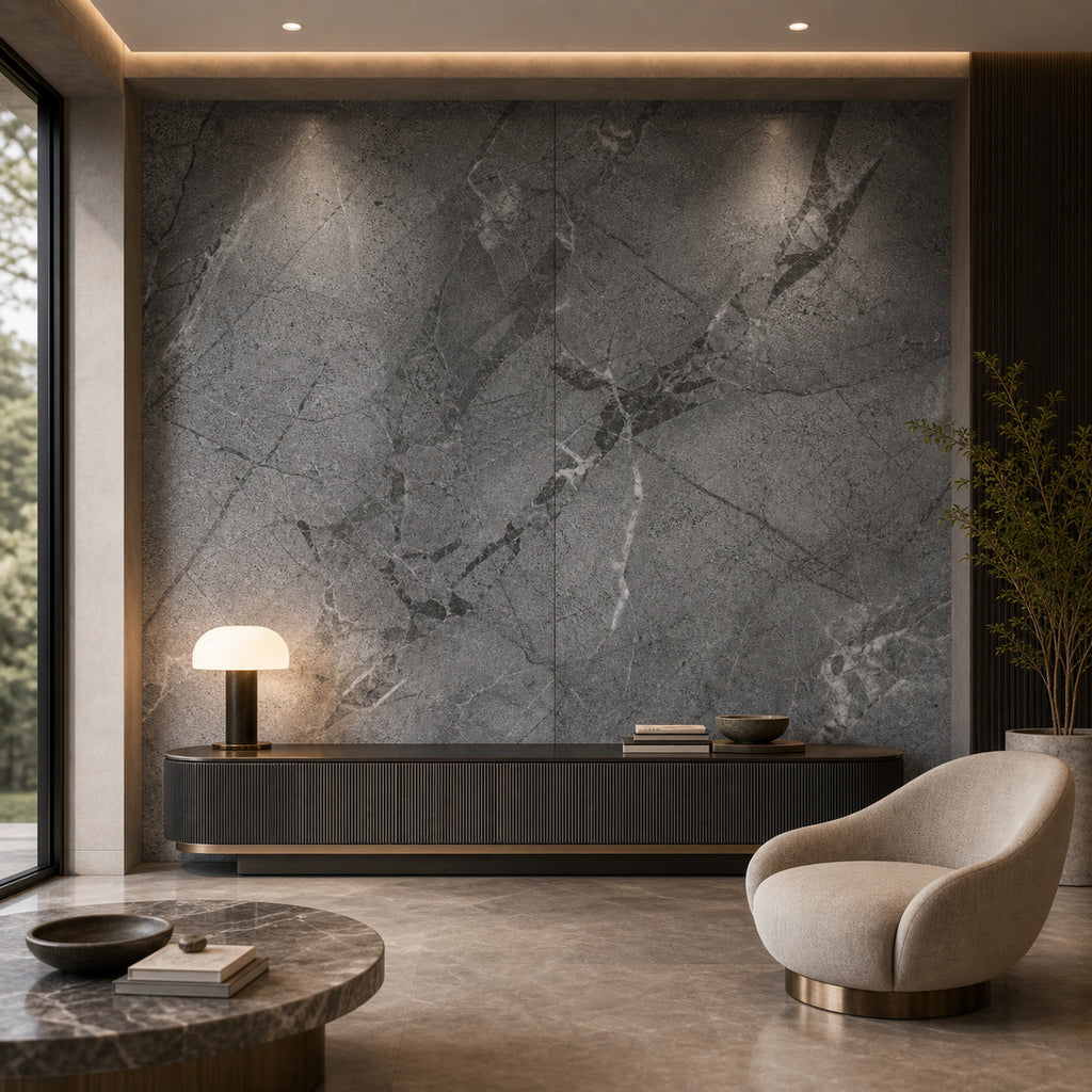 Dark Grey Vintage Marble combo marble-look wall panel installed on a modern feature wall