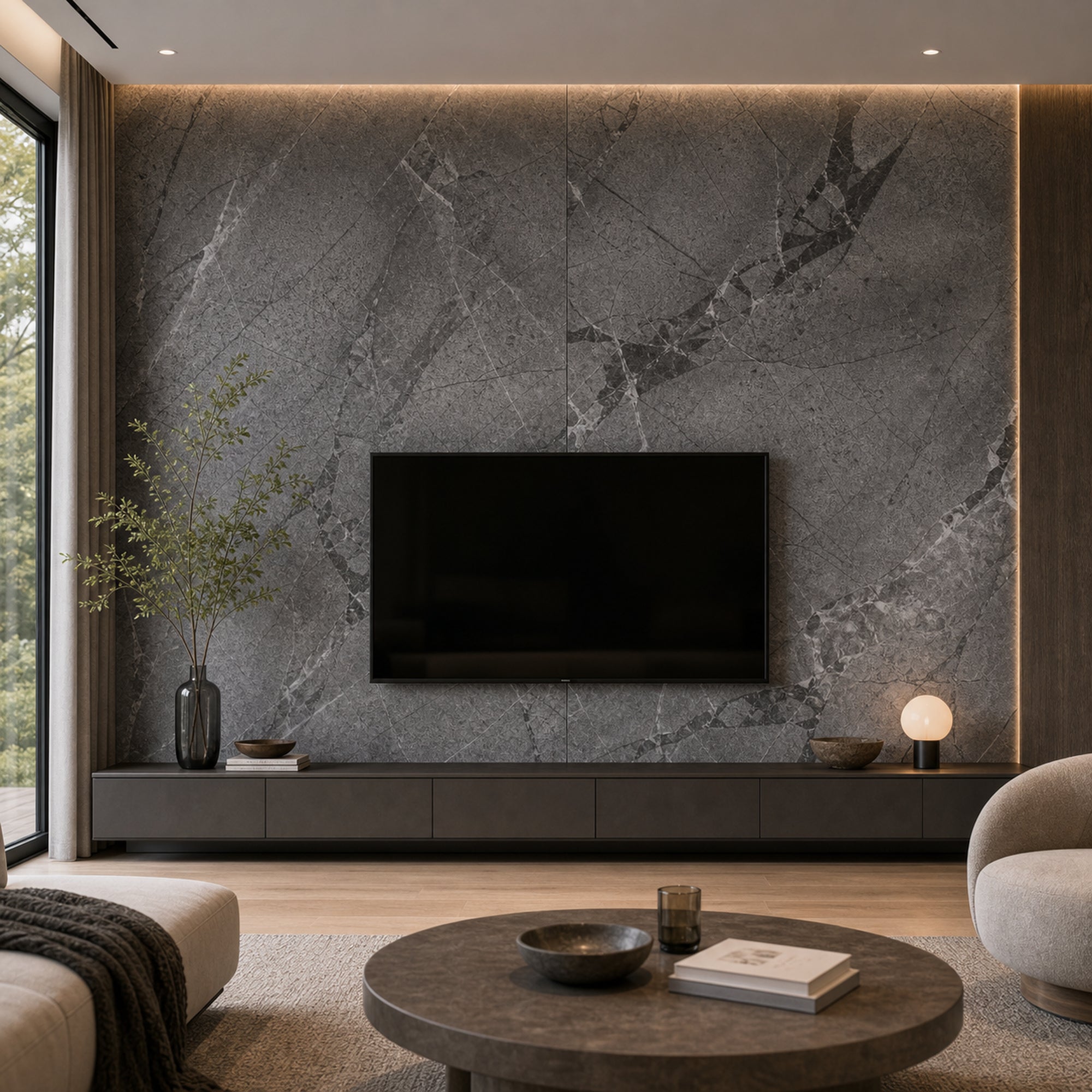 Dark Grey Vintage Marble combo marble-look wall panel installed on a modern TV wall