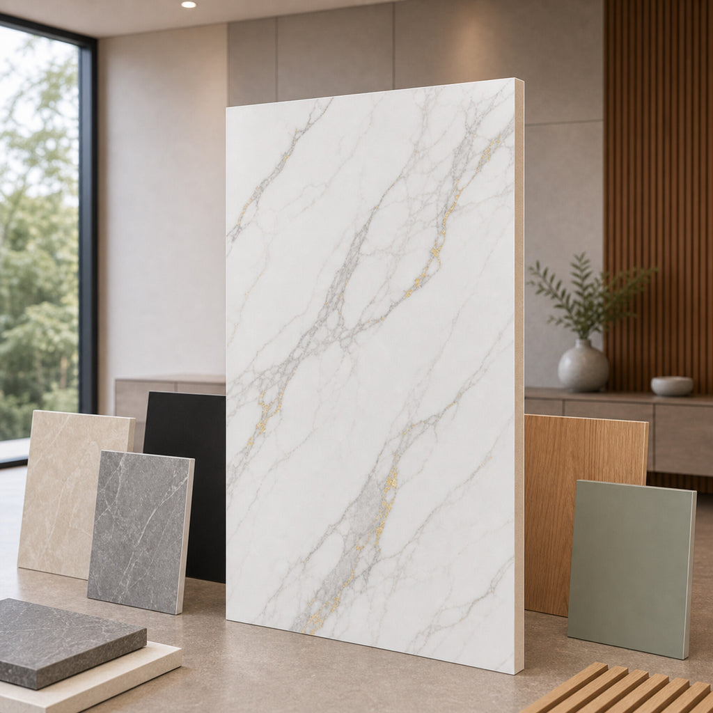 Calacatta Gold Marble combo marble-look wall panel showroom sample board