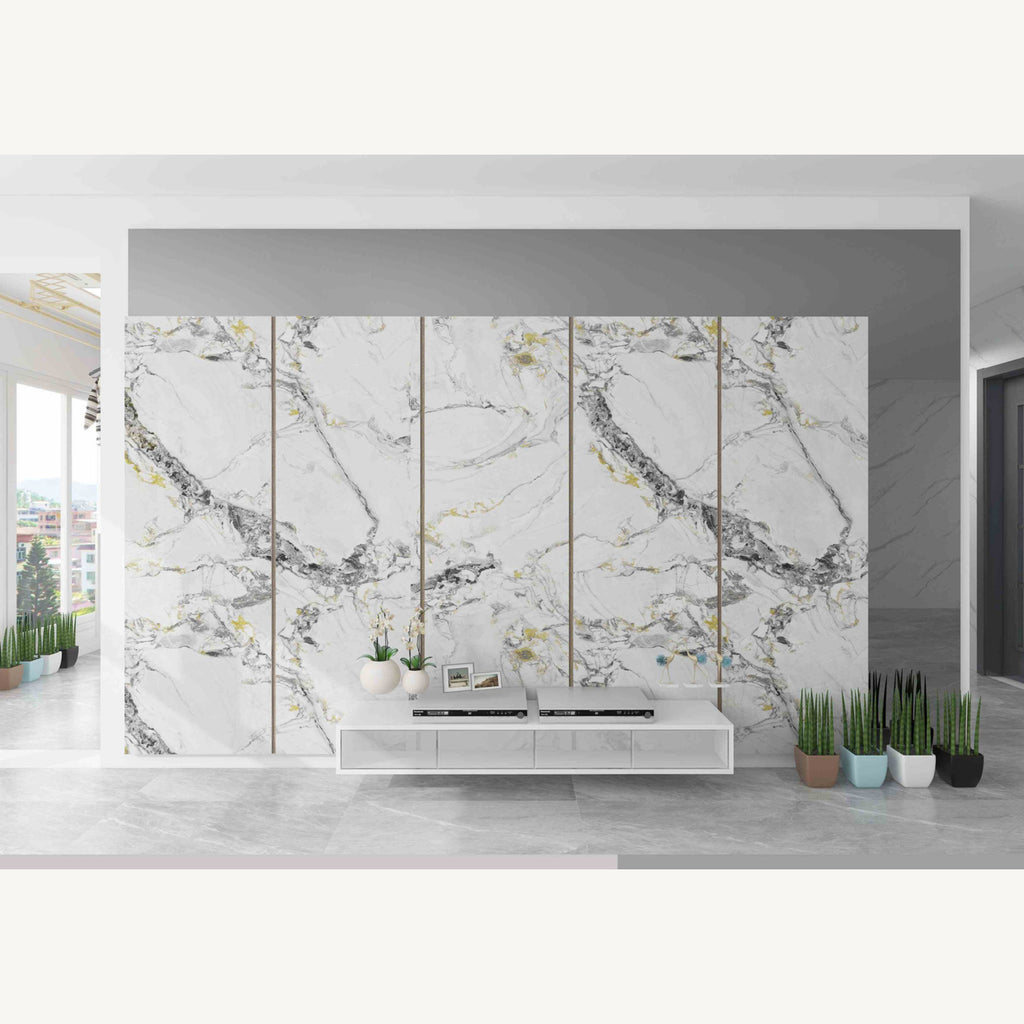 Luxury Gold Ink White Marble combo marble-look wall panel installed in a modern interior