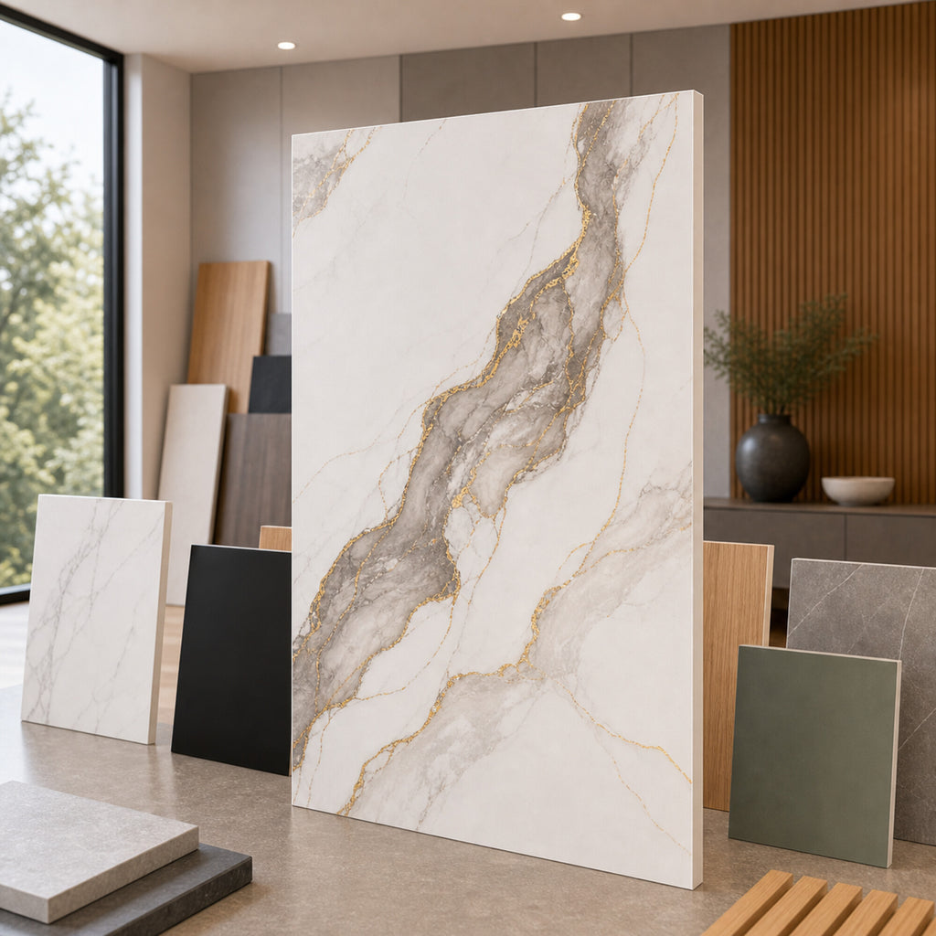 Luxury Gold Ink White Marble combo marble-look wall panel showroom sample board
