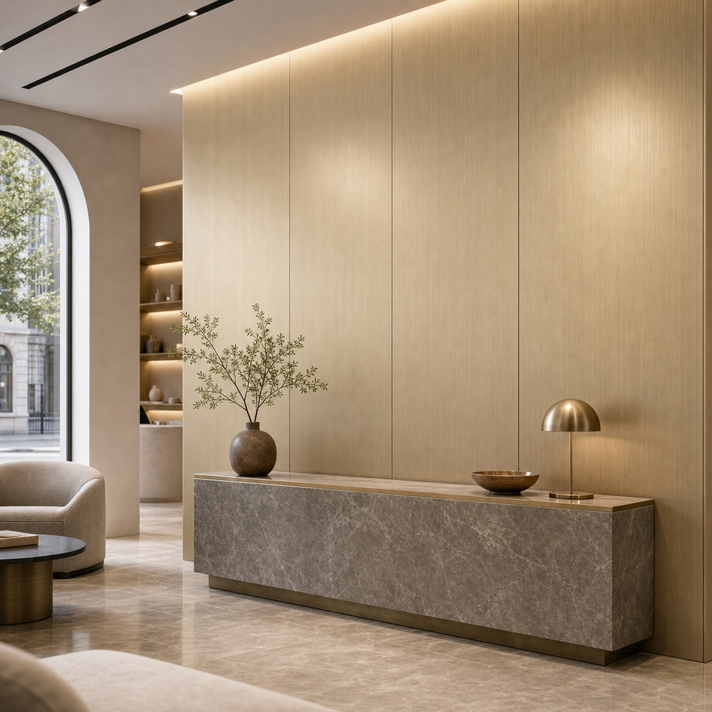 Brushed Gold metal-look wall panel installed in a modern interior