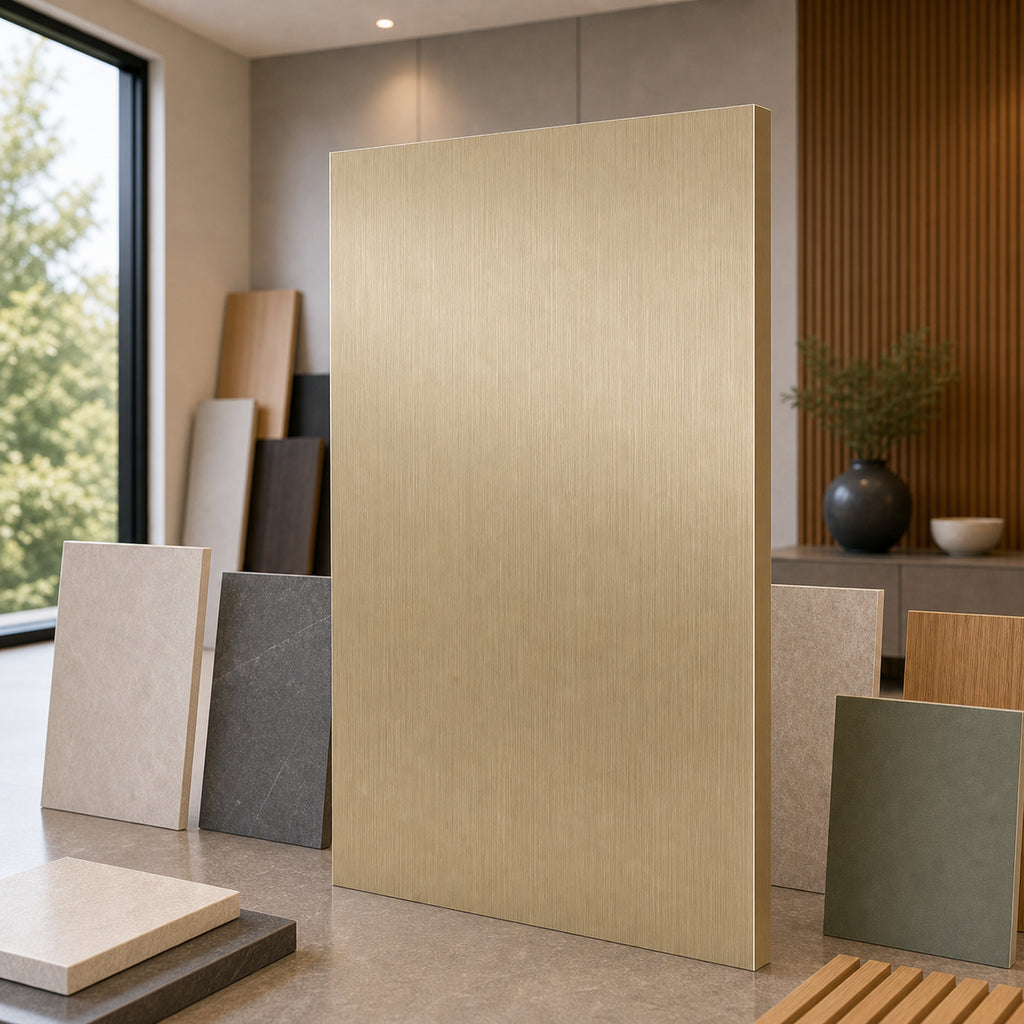 Brushed Gold metal-look wall panel showroom sample board