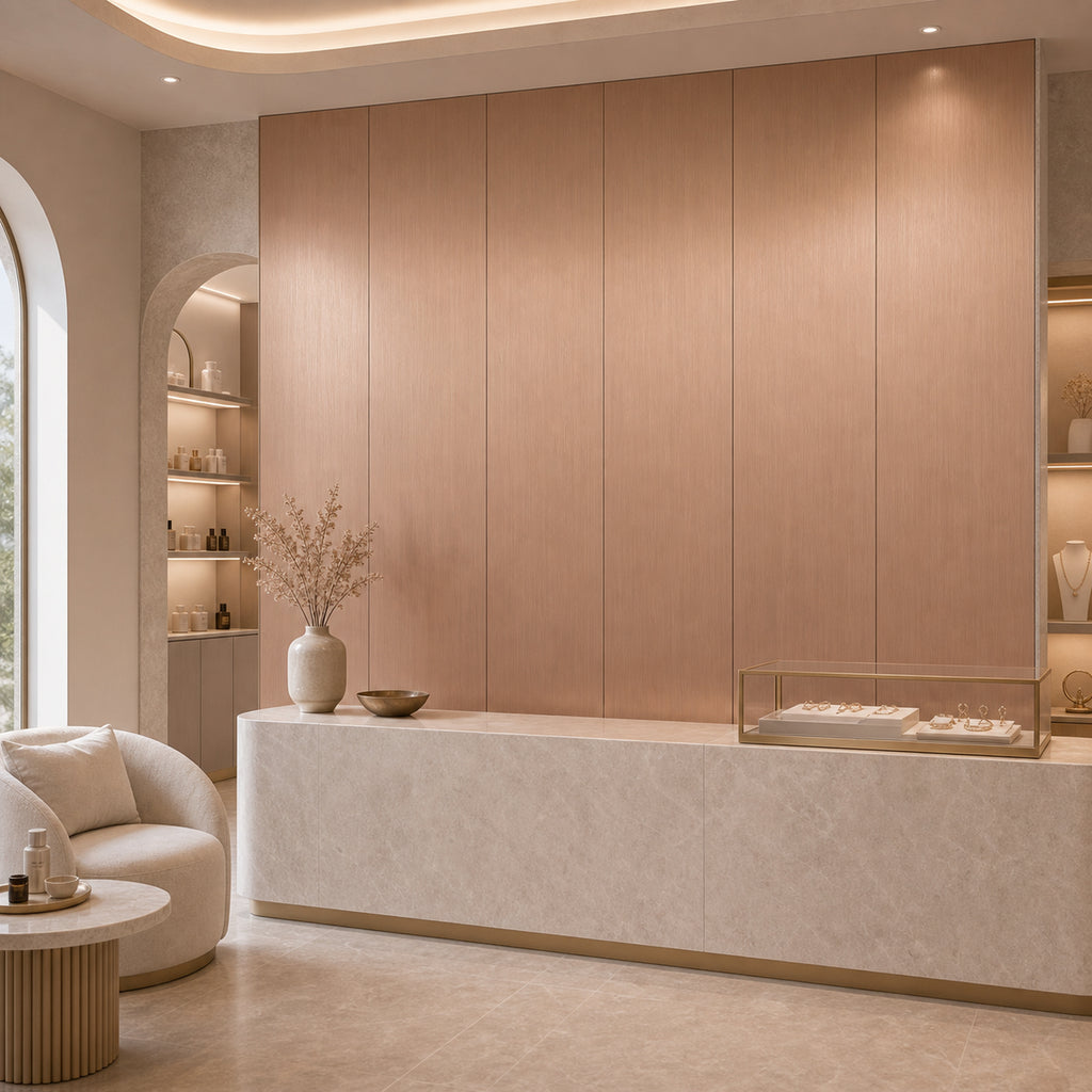 Brushed Rose Gold metal-look wall panel installed in a modern interior