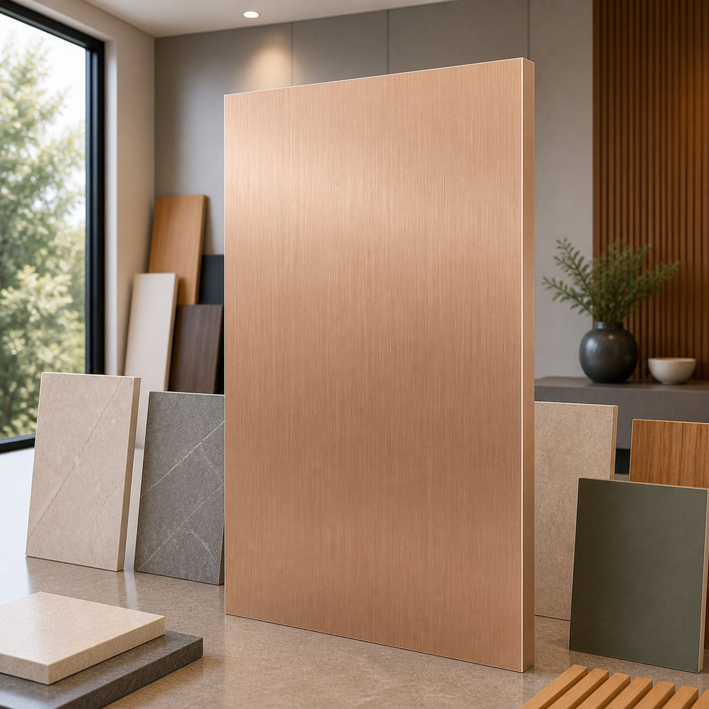 Brushed Rose Gold metal-look wall panel showroom sample board