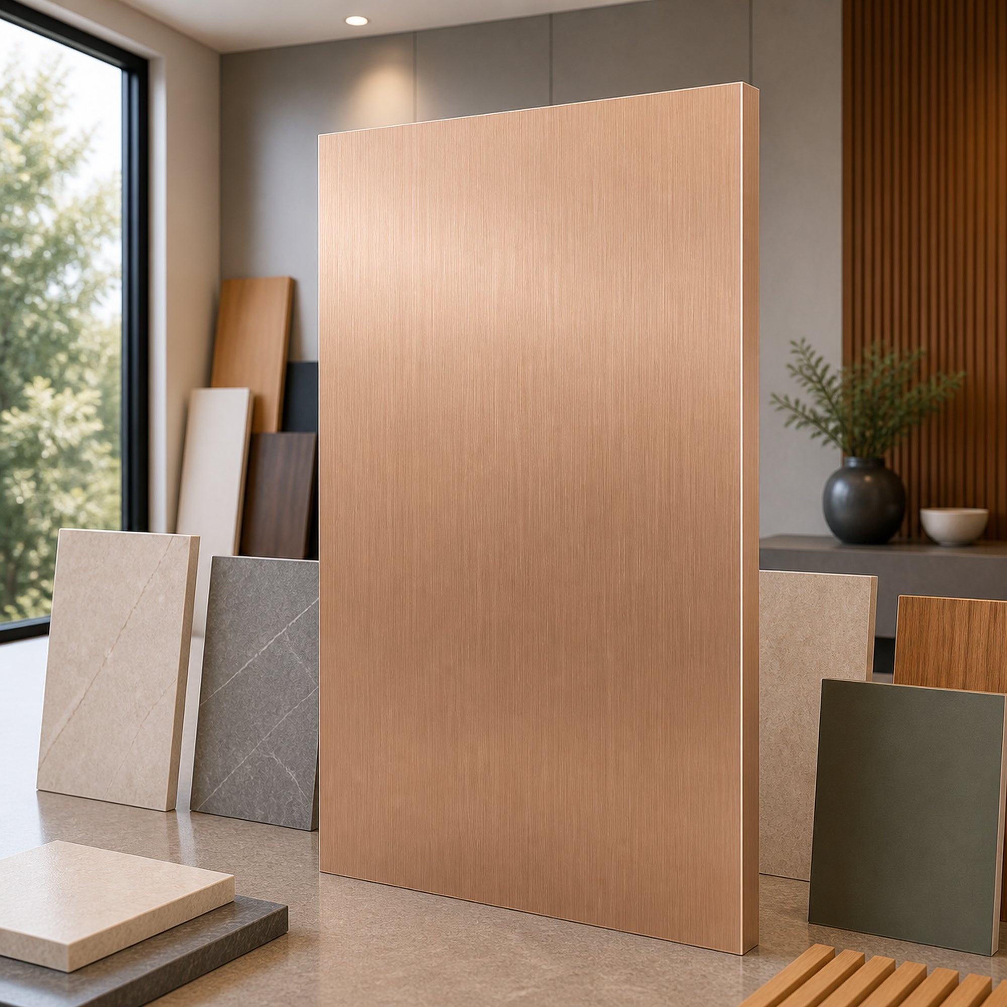 Brushed Rose Gold metal-look wall panel showroom sample board