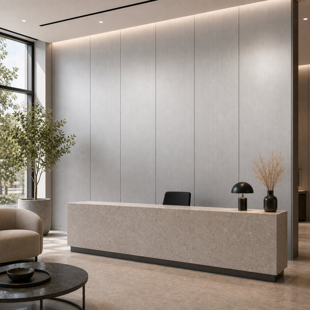 Brushed Silver metal-look wall panel installed in a modern interior
