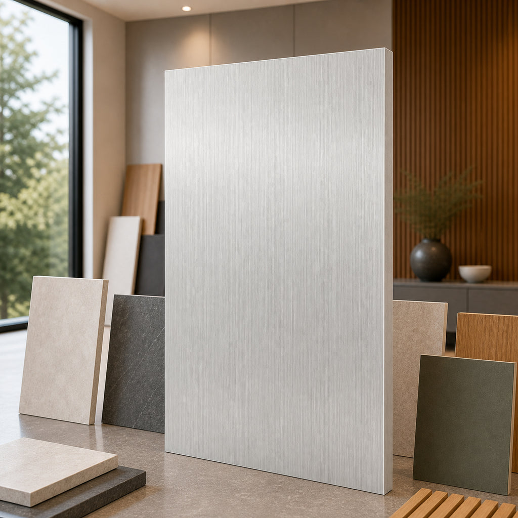 Brushed Silver metal-look wall panel showroom sample board