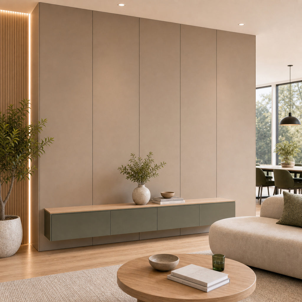 Warm Beige Brown pure colour wall panel installed in a modern interior