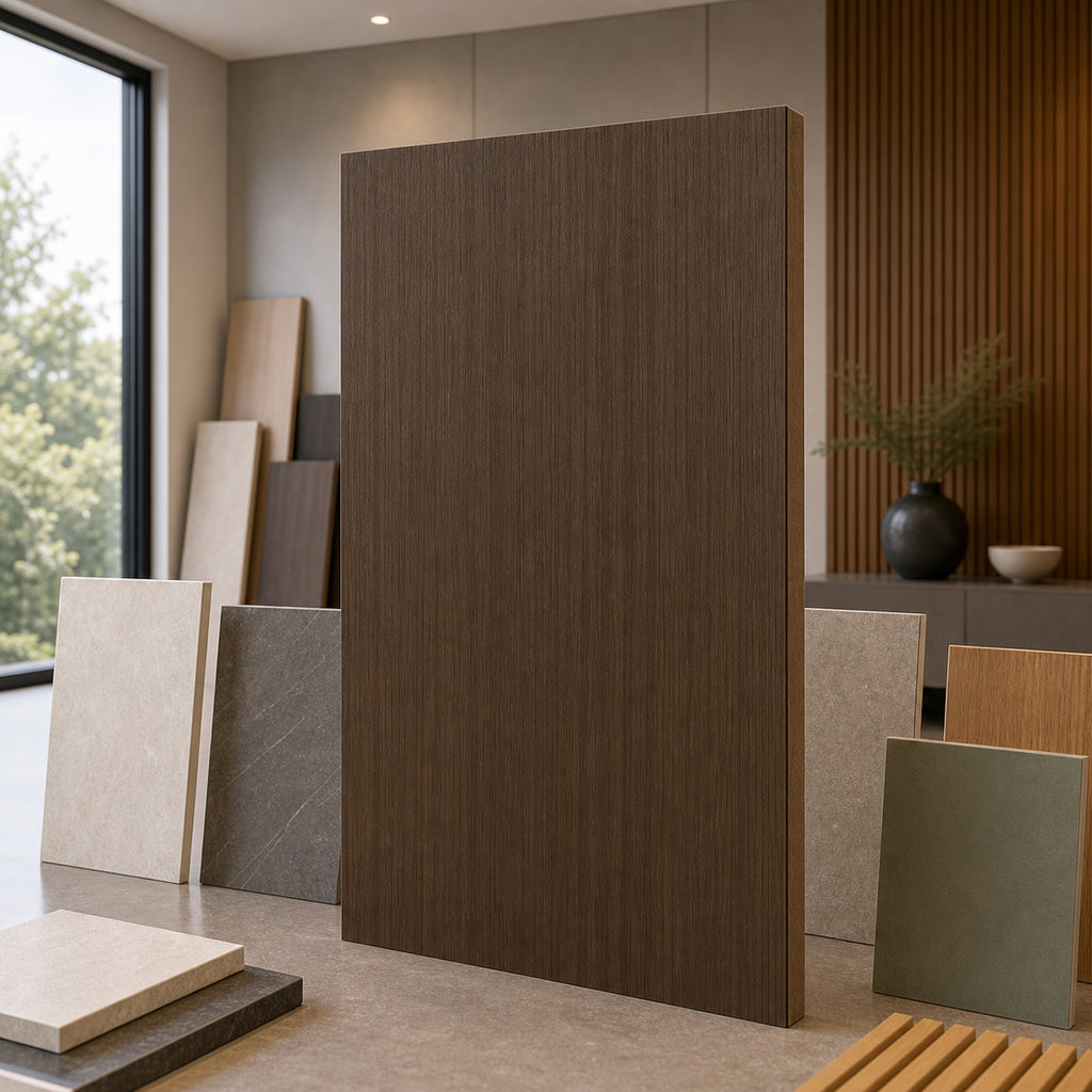 Fine Straight Grain Walnut wood-look wall panel showroom sample board
