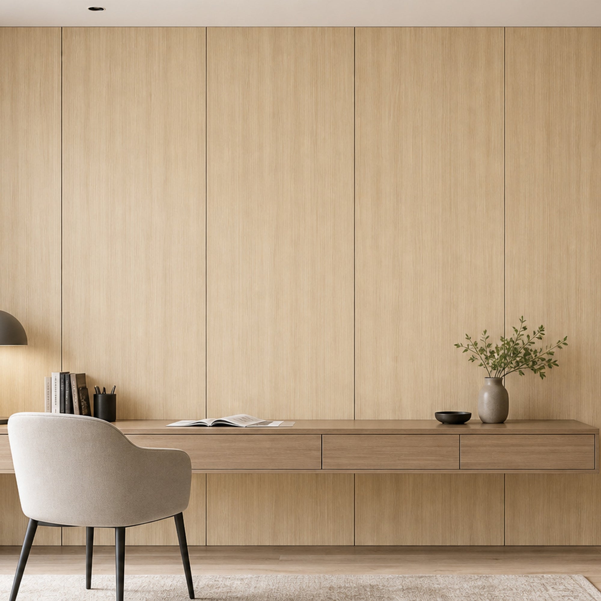 Fine Straight Grain White Oak wood-look wall panel installed in a modern interior