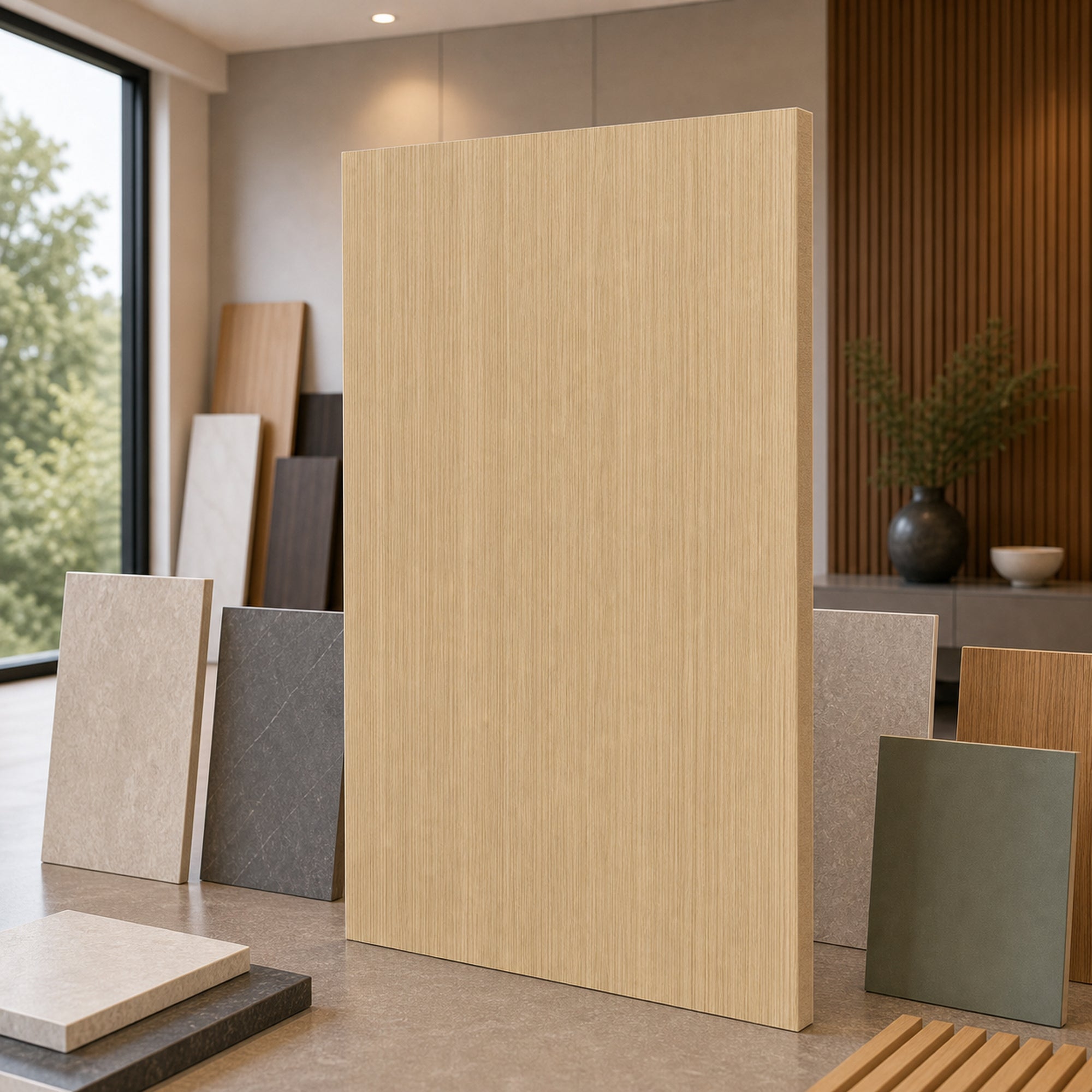Fine Straight Grain White Oak wood-look wall panel showroom sample board