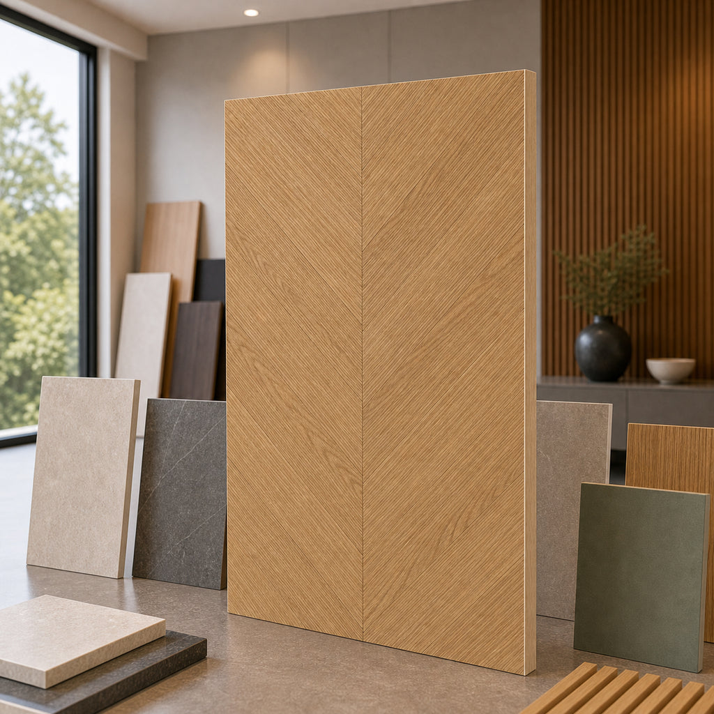 Herringbone Ash wood-look wall panel showroom sample board