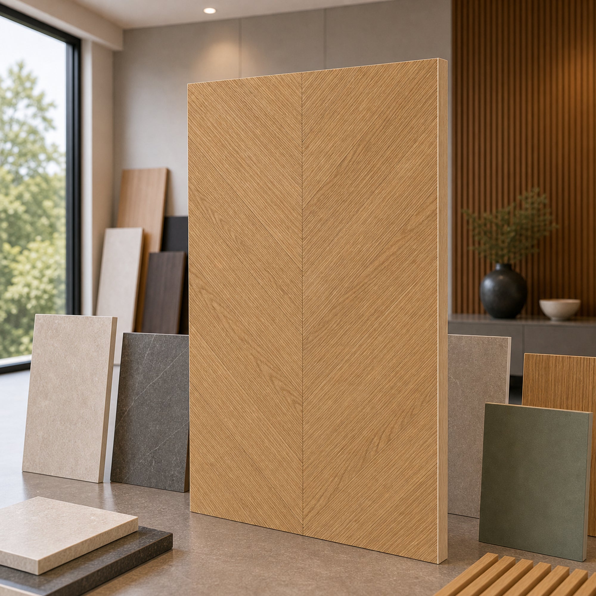 Herringbone Ash wood-look wall panel showroom sample board