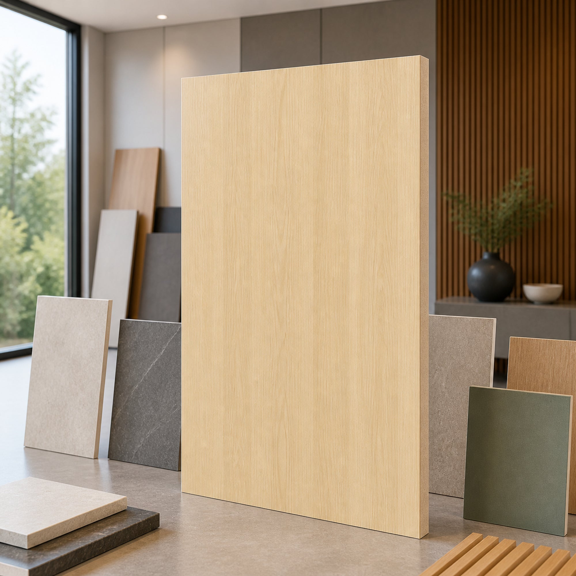 Morning Mist Maple wood-look wall panel showroom sample board