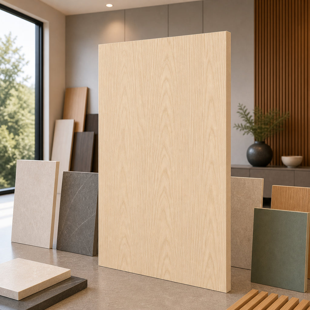 Mountain Grain Ash wood-look wall panel showroom sample board