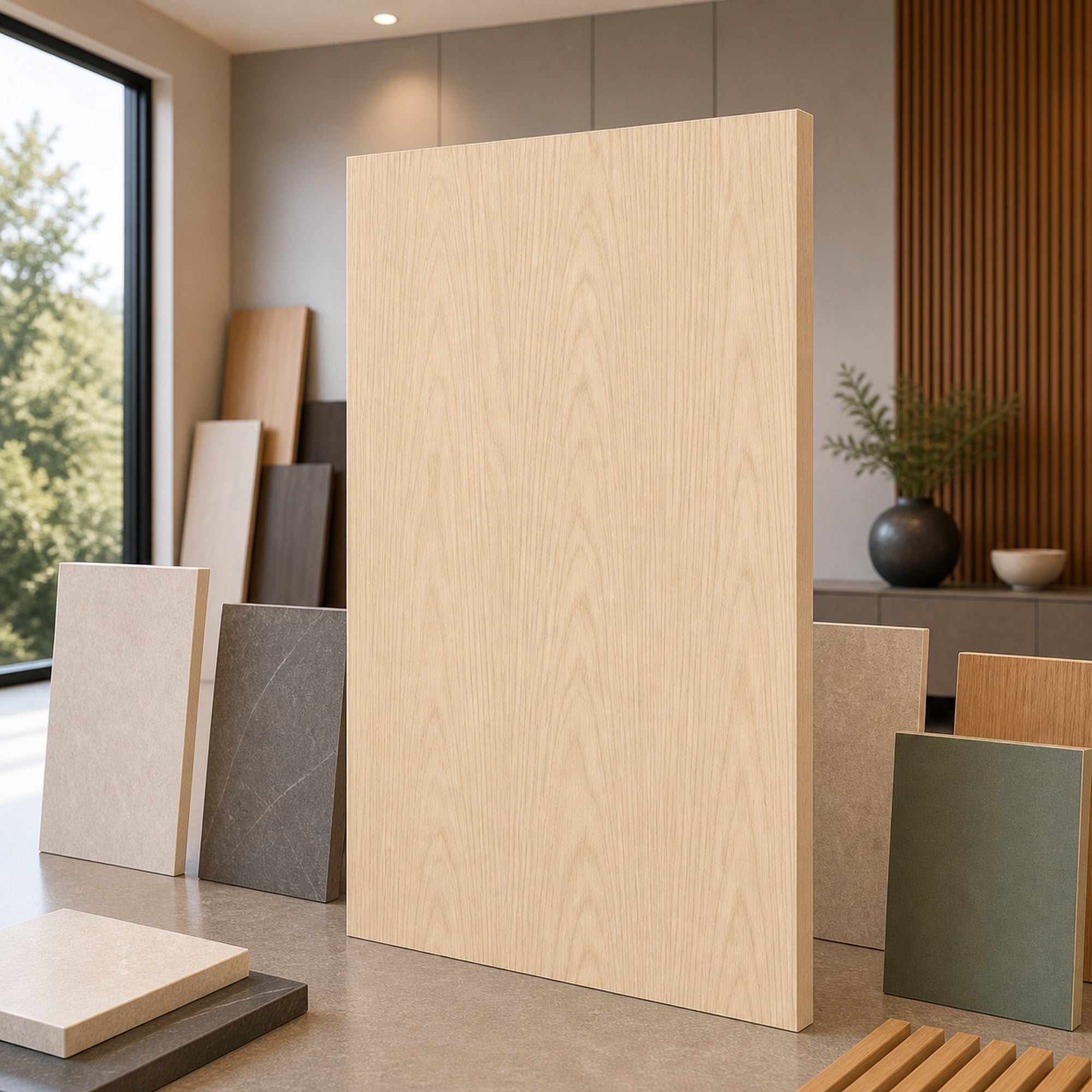 Mountain Grain Ash wood-look wall panel showroom sample board