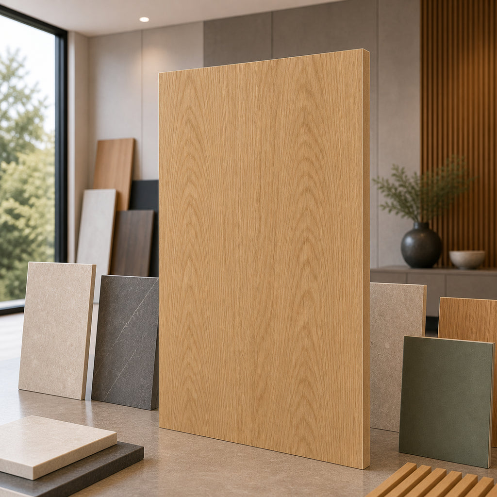 Mountain Grain White Oak wood-look wall panel showroom sample board