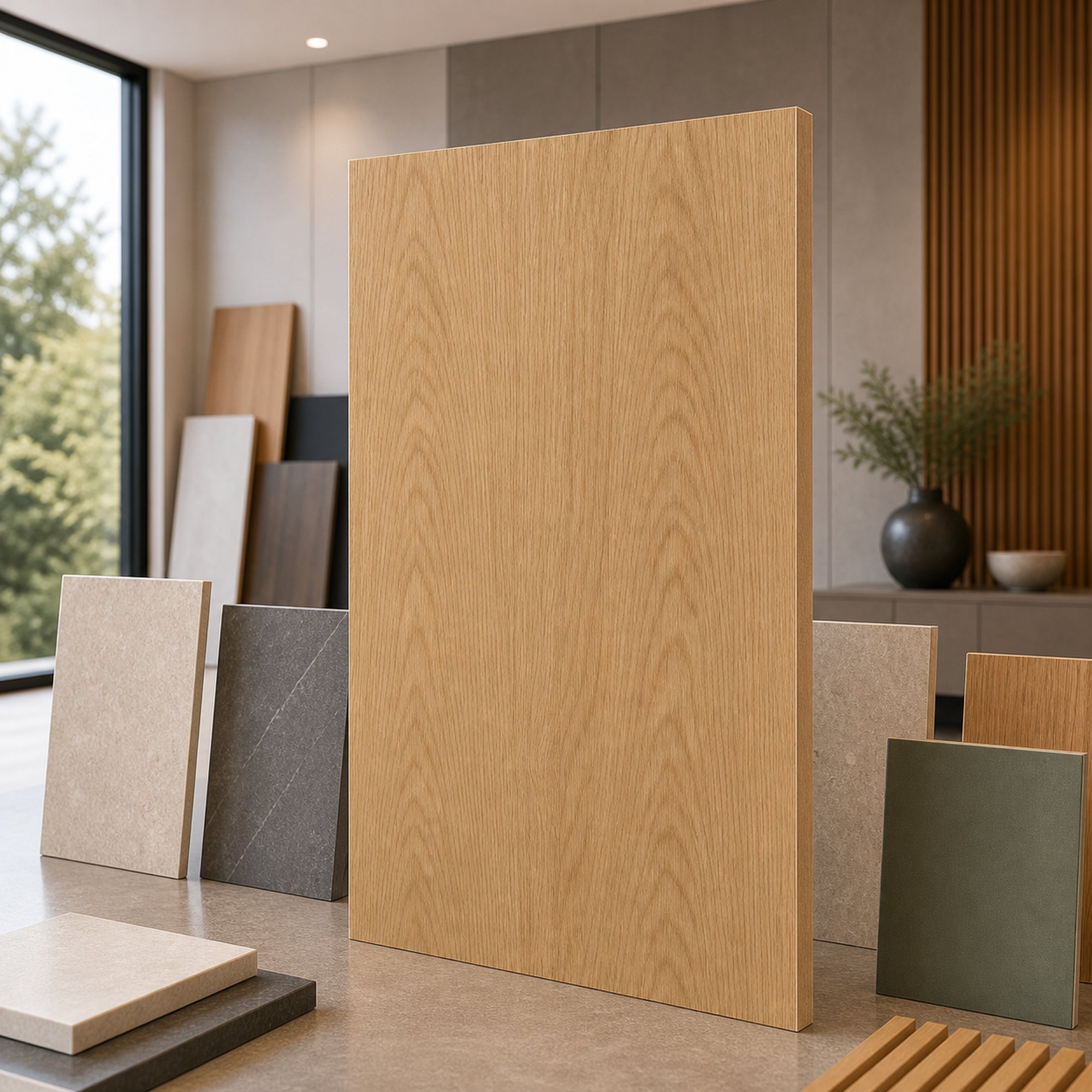 Mountain Grain White Oak wood-look wall panel showroom sample board