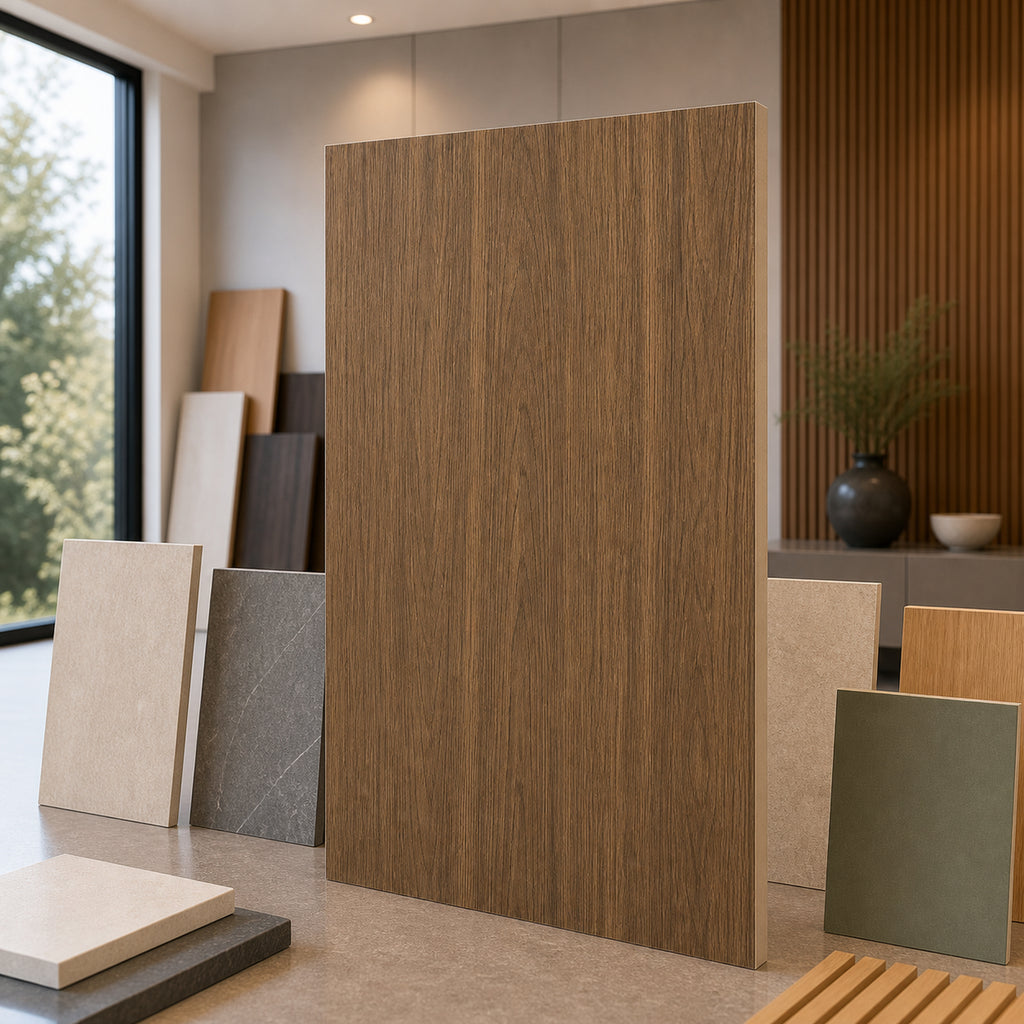 Raw Bark Walnut wood-look wall panel showroom sample board