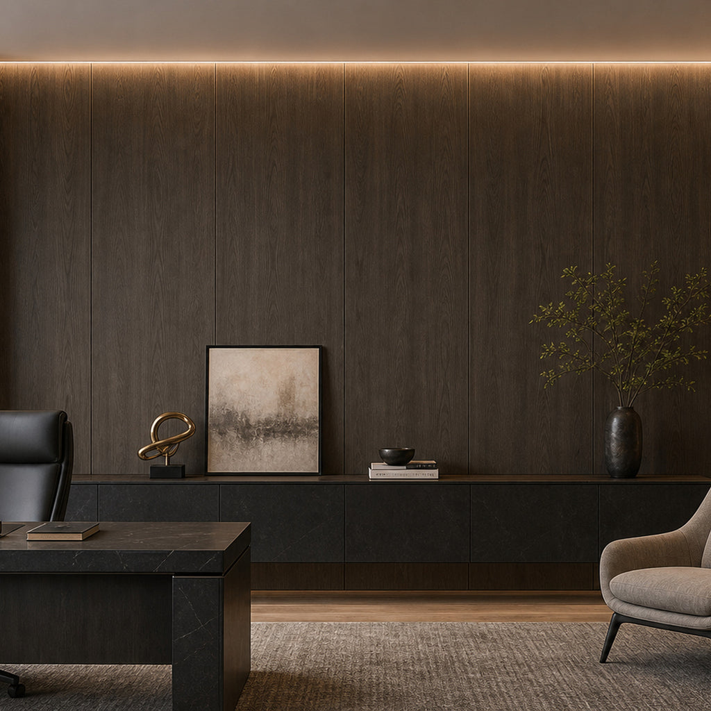 Smoked Mountain Oak wood-look wall panel installed in a modern interior