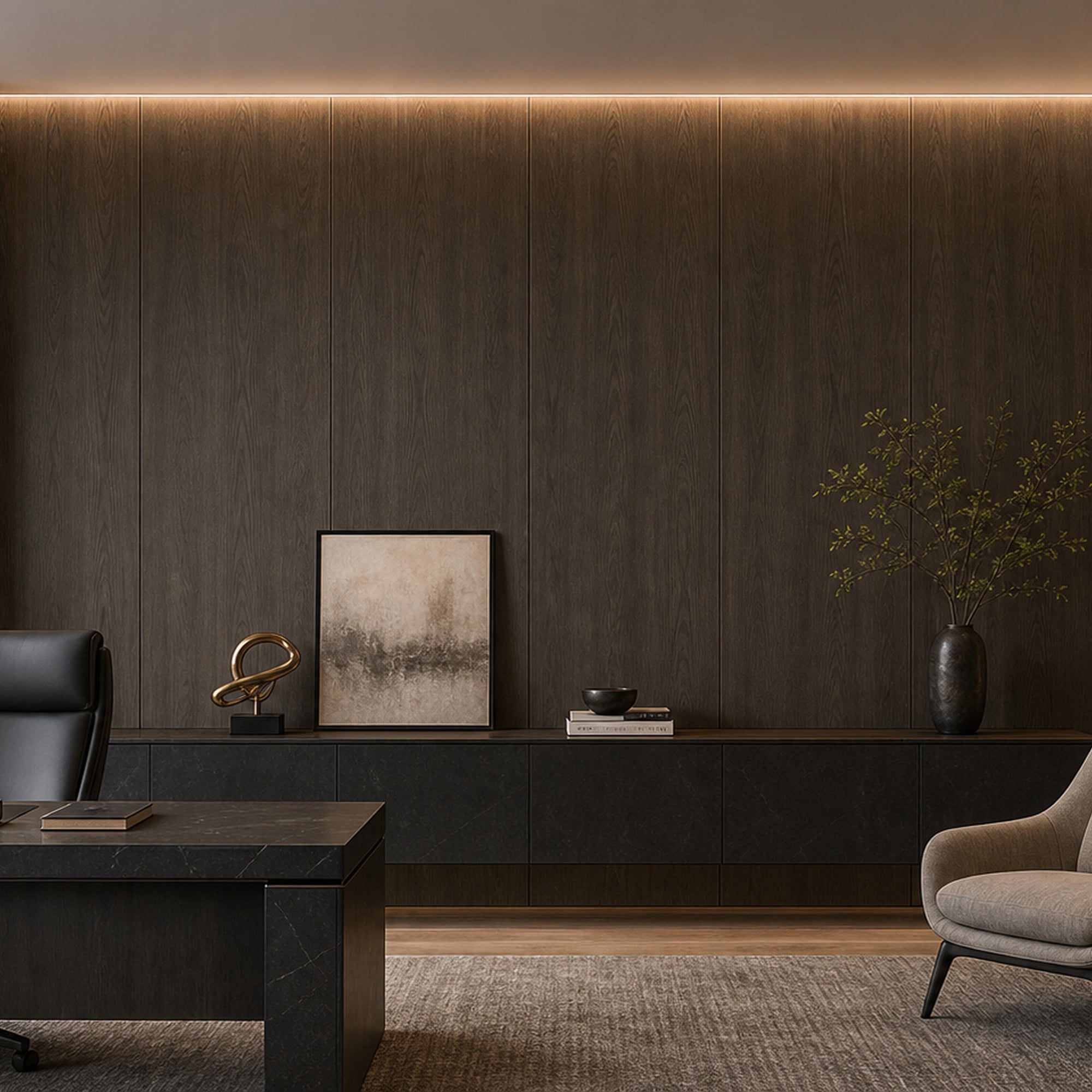Smoked Mountain Oak wood-look wall panel installed in a modern interior