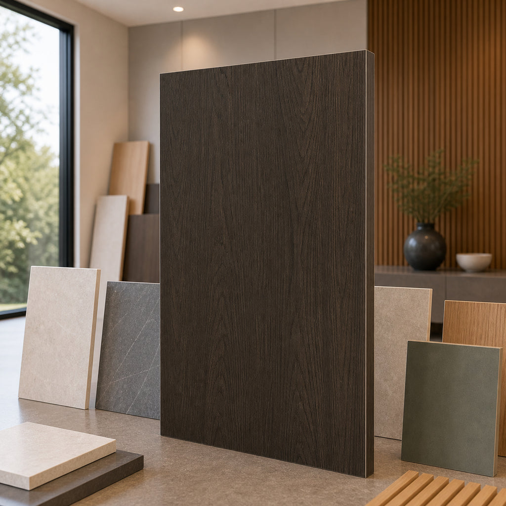 Smoked Mountain Oak wood-look wall panel showroom sample board