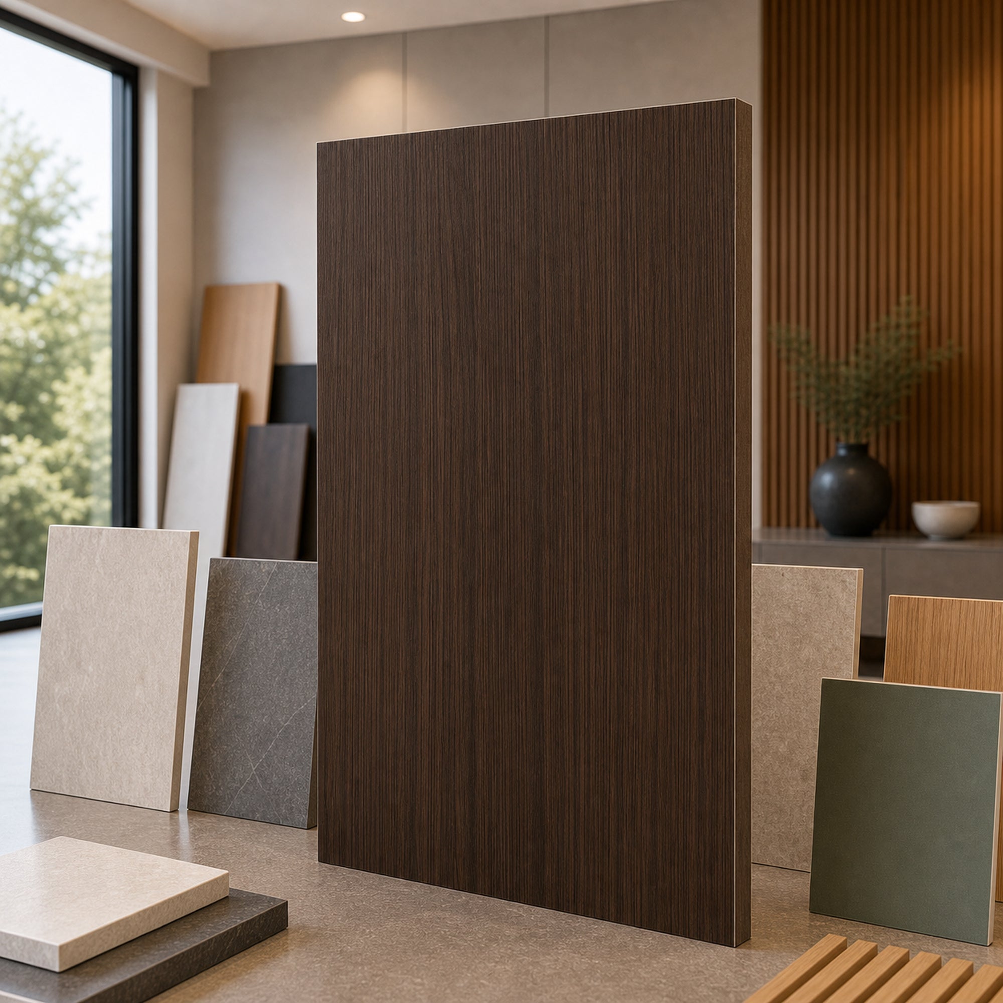 Straight Grain Walnut wood-look wall panel showroom sample board