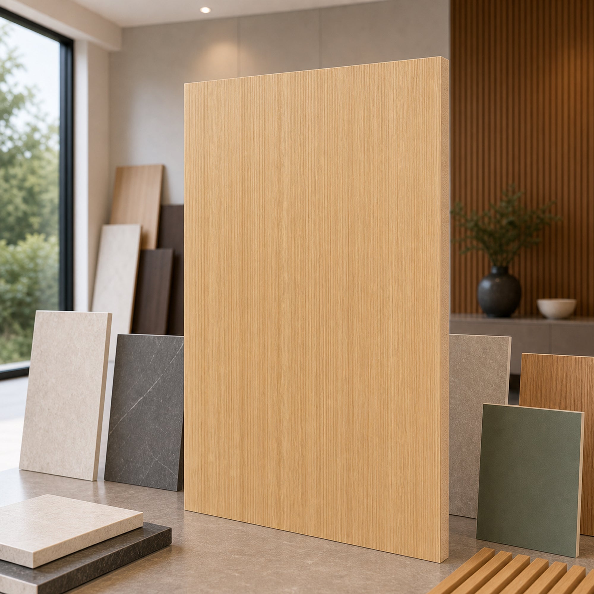 Warm Linen Ash wood-look wall panel showroom sample board