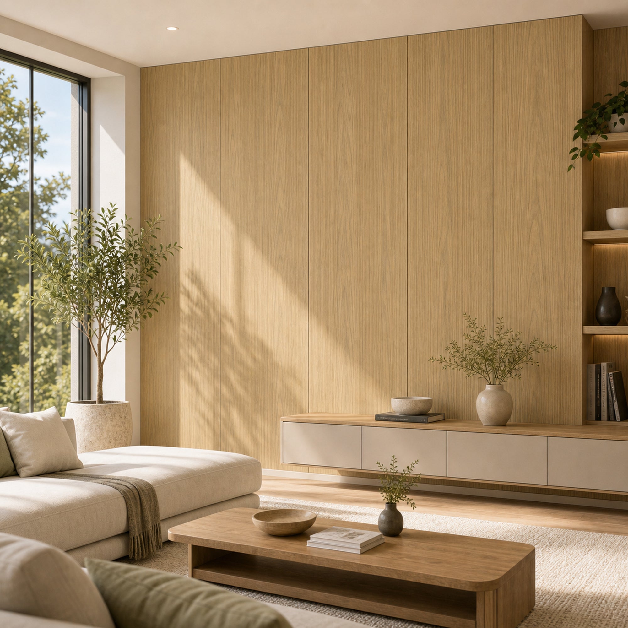 Warm Sierra Oak wood-look wall panel installed in a modern interior