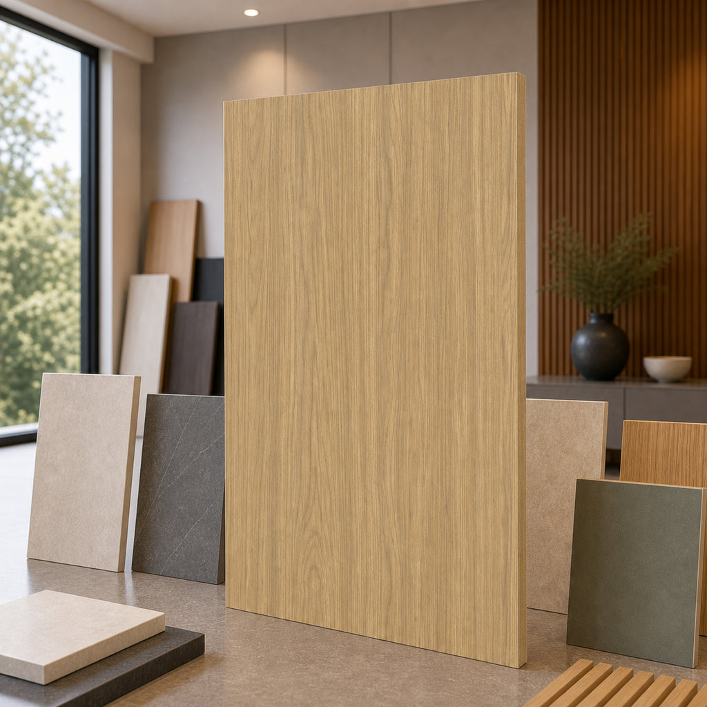 Warm Sierra Oak wood-look wall panel showroom sample board